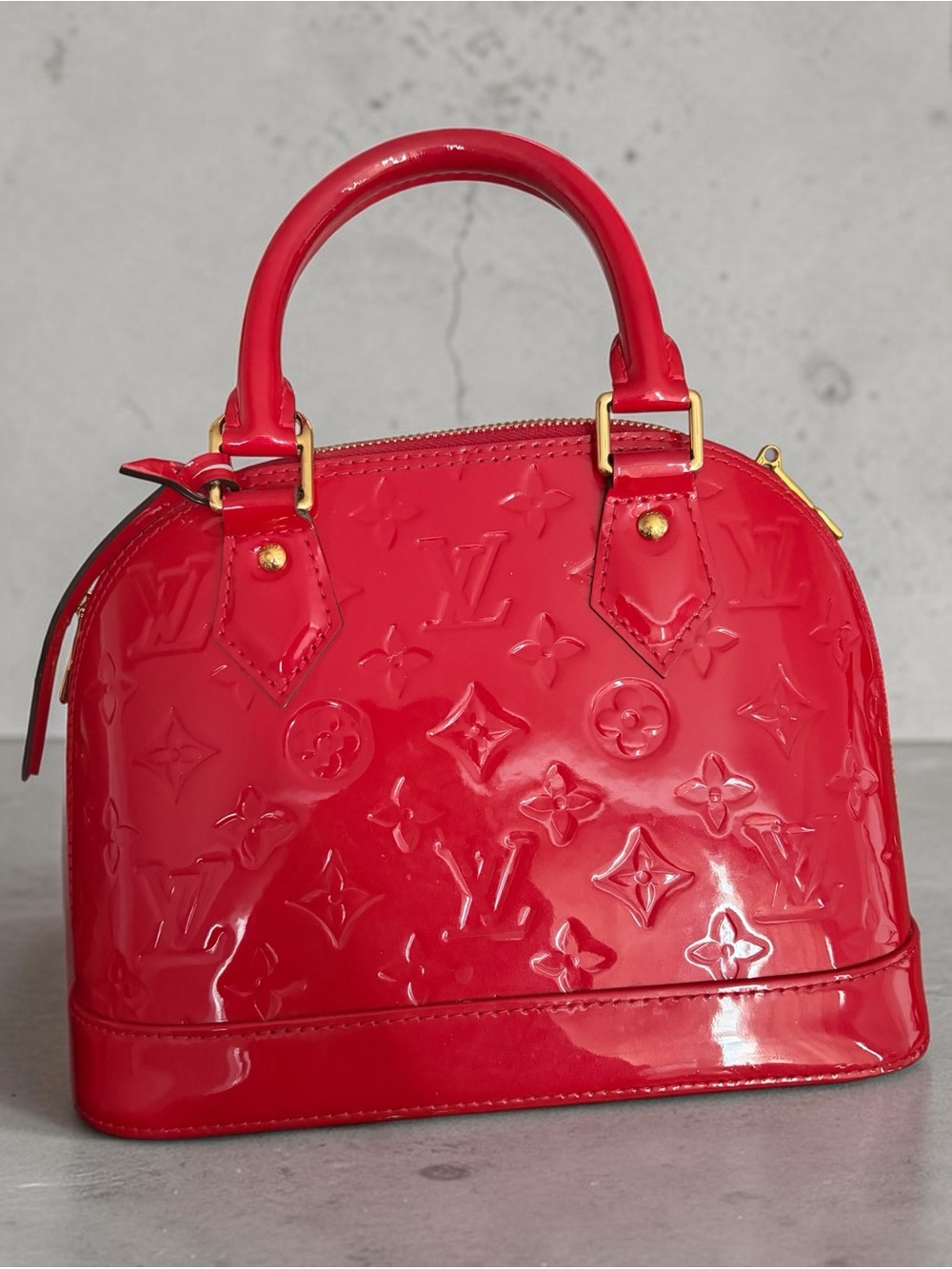 Louis Vuitton Red Vernis Alma BB Patent Satchel with Gold Hardware